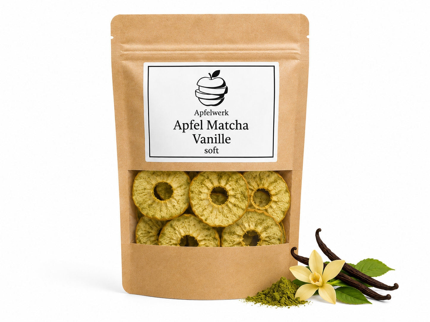 Apfel Matcha Vanille soft — Weiche Apfelringe aus Deutschland, in Handarbeit verfeinert mit echtem Matcha und natürlicher Vanille — im wiederverschließbaren Kraftbeutel, ohne Aromen und ohne Konservierungsstoffe.