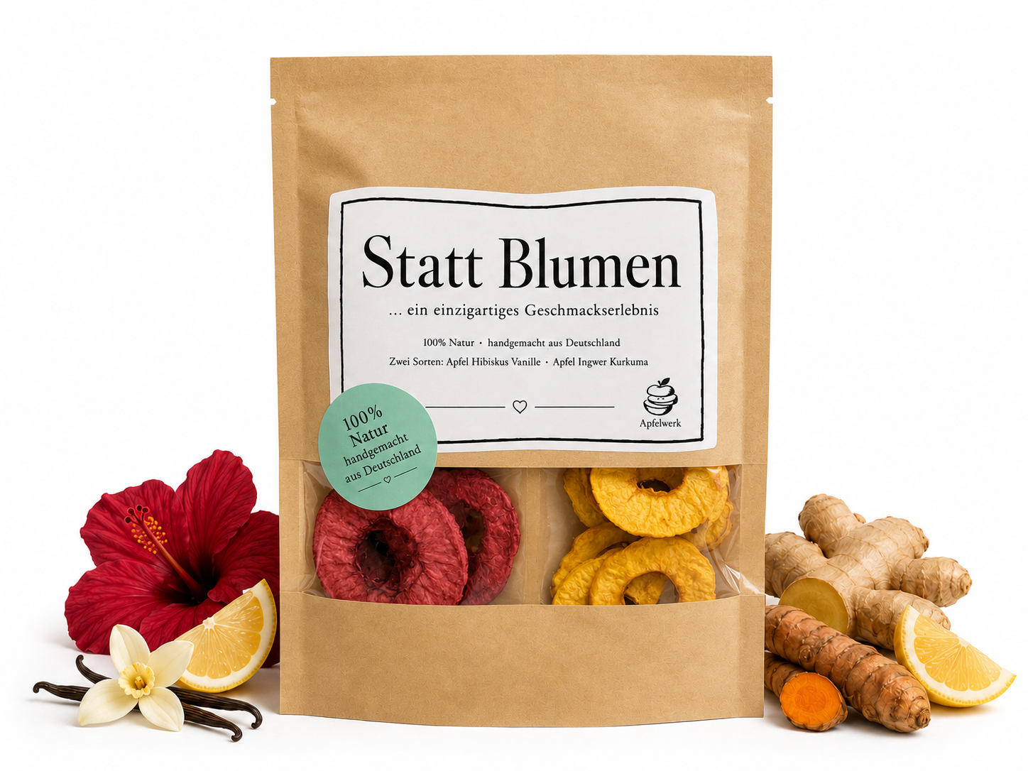 Statt Blumen — Das besondere Geschenk statt Blumen: zwei Sorten in einem Beutel — Apfel Hibiskus Vanille und Apfel Ingwer Kurkuma. 100 % Natur, handgemacht aus Deutschland.