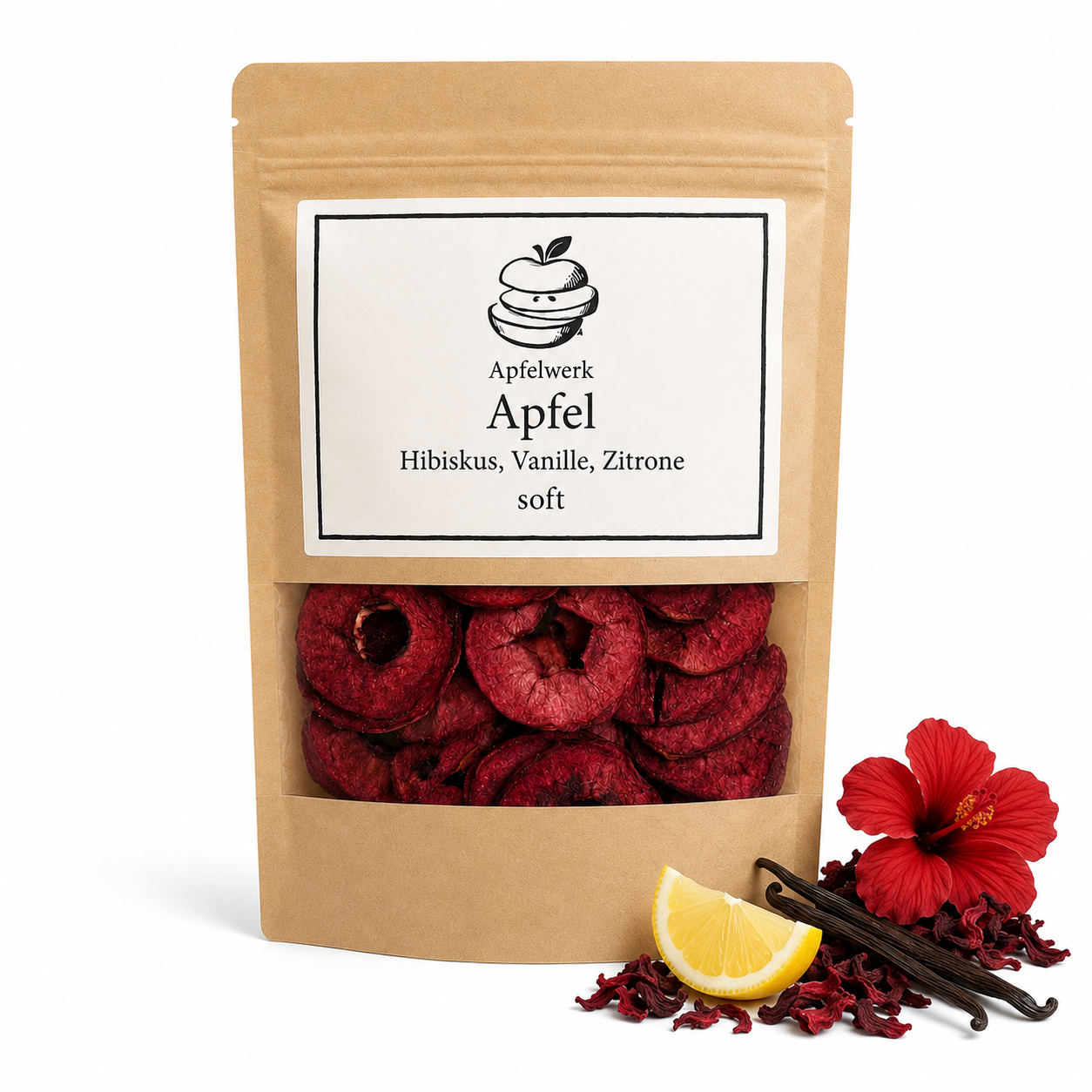 Apfel Hibiskus Vanille Zitrone soft — Weiche Apfelringe aus Deutschland, verfeinert mit Hibiskus, natürlicher Vanille und Zitrone — im wiederverschließbaren Kraftbeutel, ohne Aromen und ohne Konservierungsstoffe.