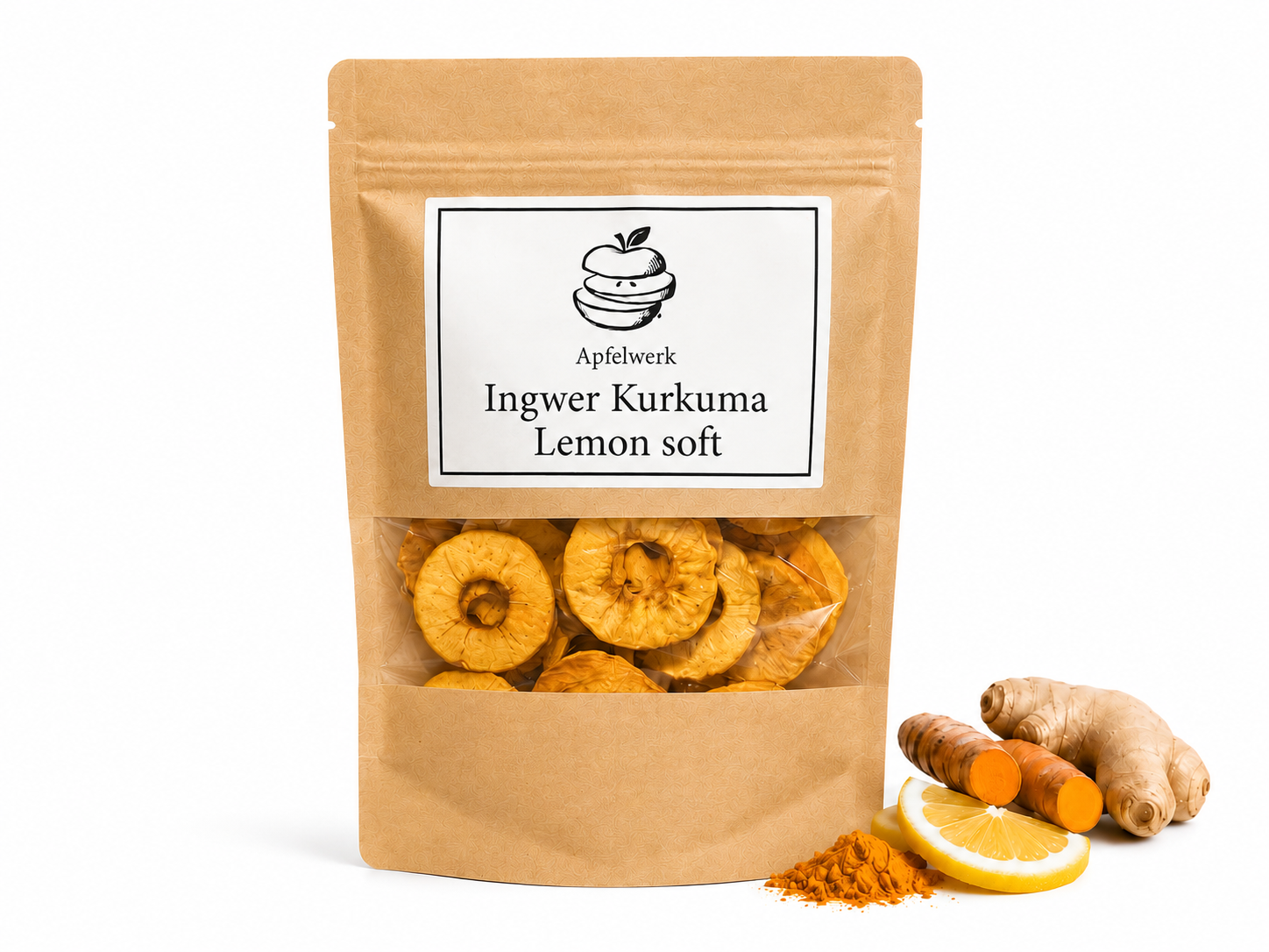 Apfel Ingwer Kurkuma Lemon soft — Weiche Apfelringe aus Deutschland mit frischem Ingwer, goldener Kurkuma und einem Hauch Zitrone — im wiederverschließbaren Kraftbeutel, 100 % natürlich.