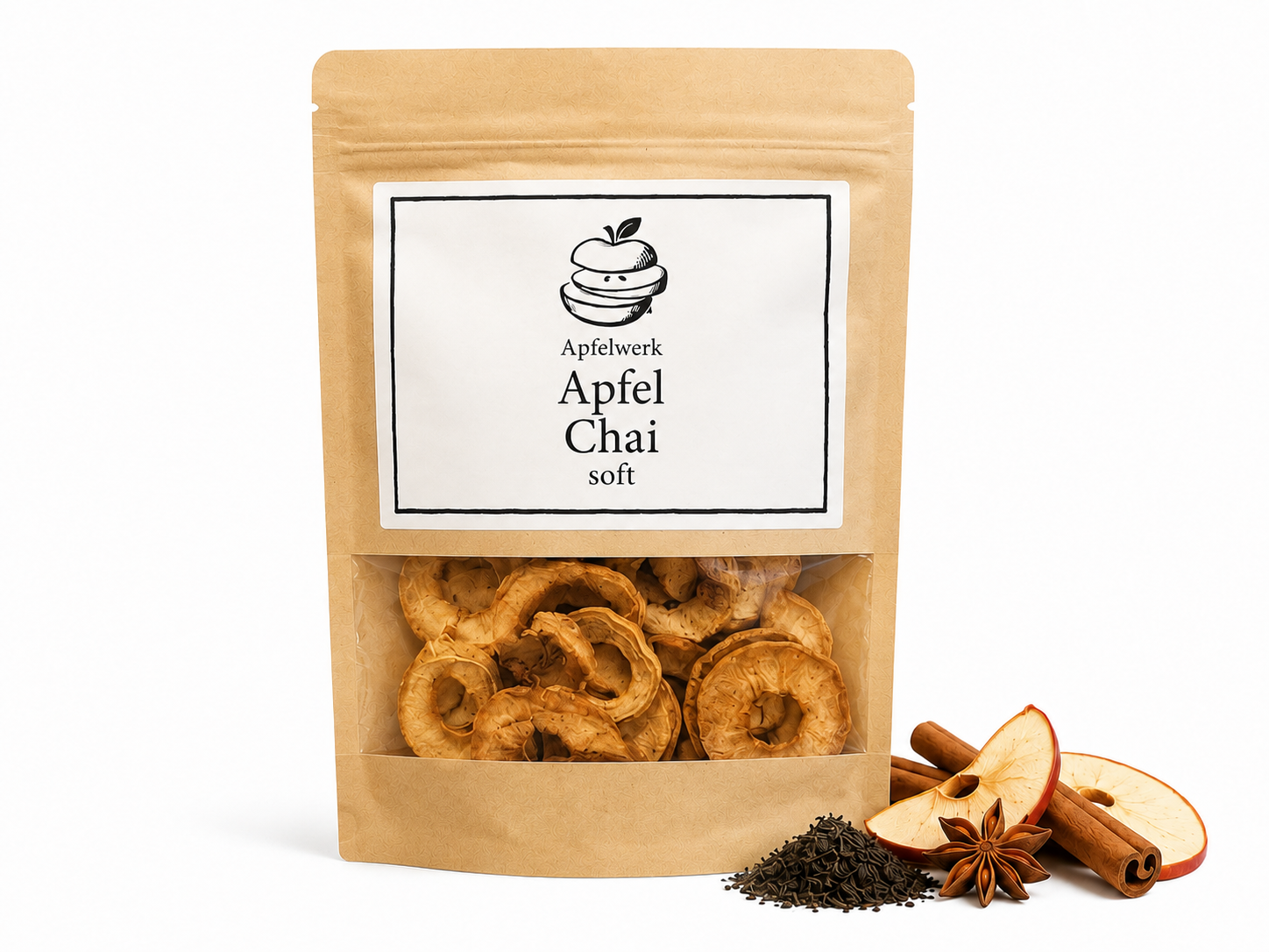 Apfel Chai soft — Weiche Apfelringe aus Deutschland, von Hand verfeinert mit echtem Chai aus Kardamom, Zimt und Nelke — im wiederverschließbaren Kraftbeutel, ohne Aromen.