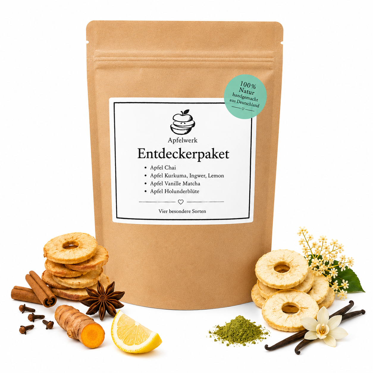 Entdeckerpaket — Das perfekte Probierpaket mit allen vier Sorten: Apfel Matcha Vanille soft, Apfel Ingwer Kurkuma Lemon soft, Apfel Holunderblüte soft und Apfel Chai soft — im wiederverschließbaren Kraftbeutel, pur und natürlich.