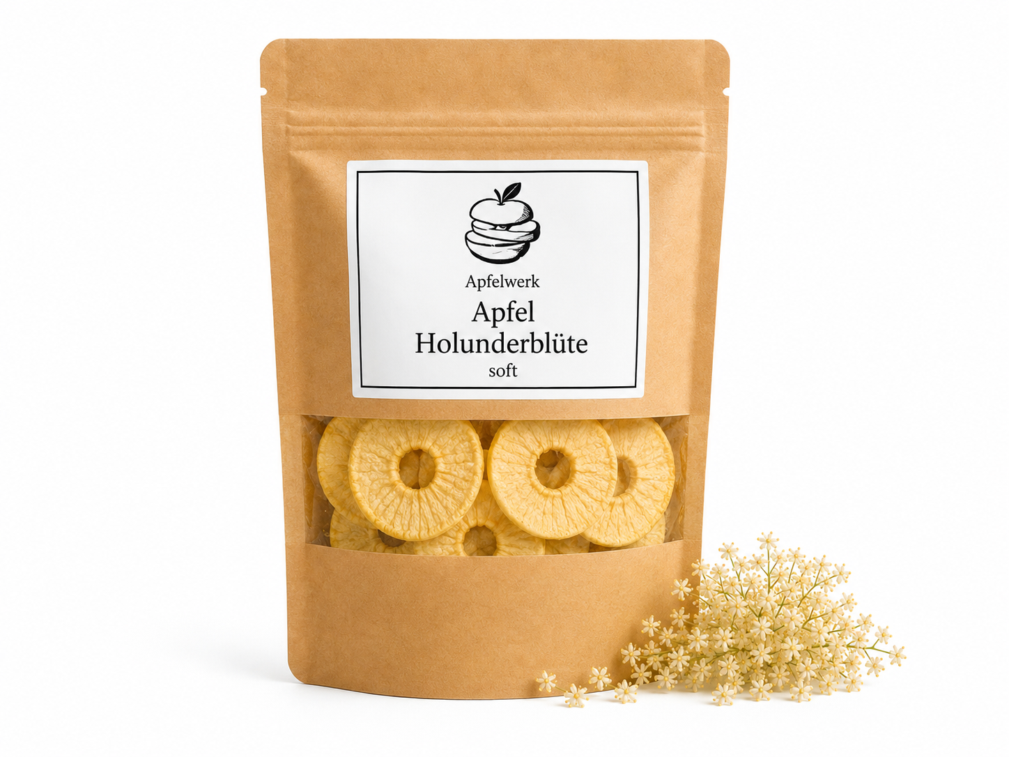 Apfel Holunderblüte soft — Weiche Apfelringe aus Deutschland, fein abgestimmt mit echter Holunderblüte — pur, natürlich und überraschend zart, im wiederverschließbaren Kraftbeutel.