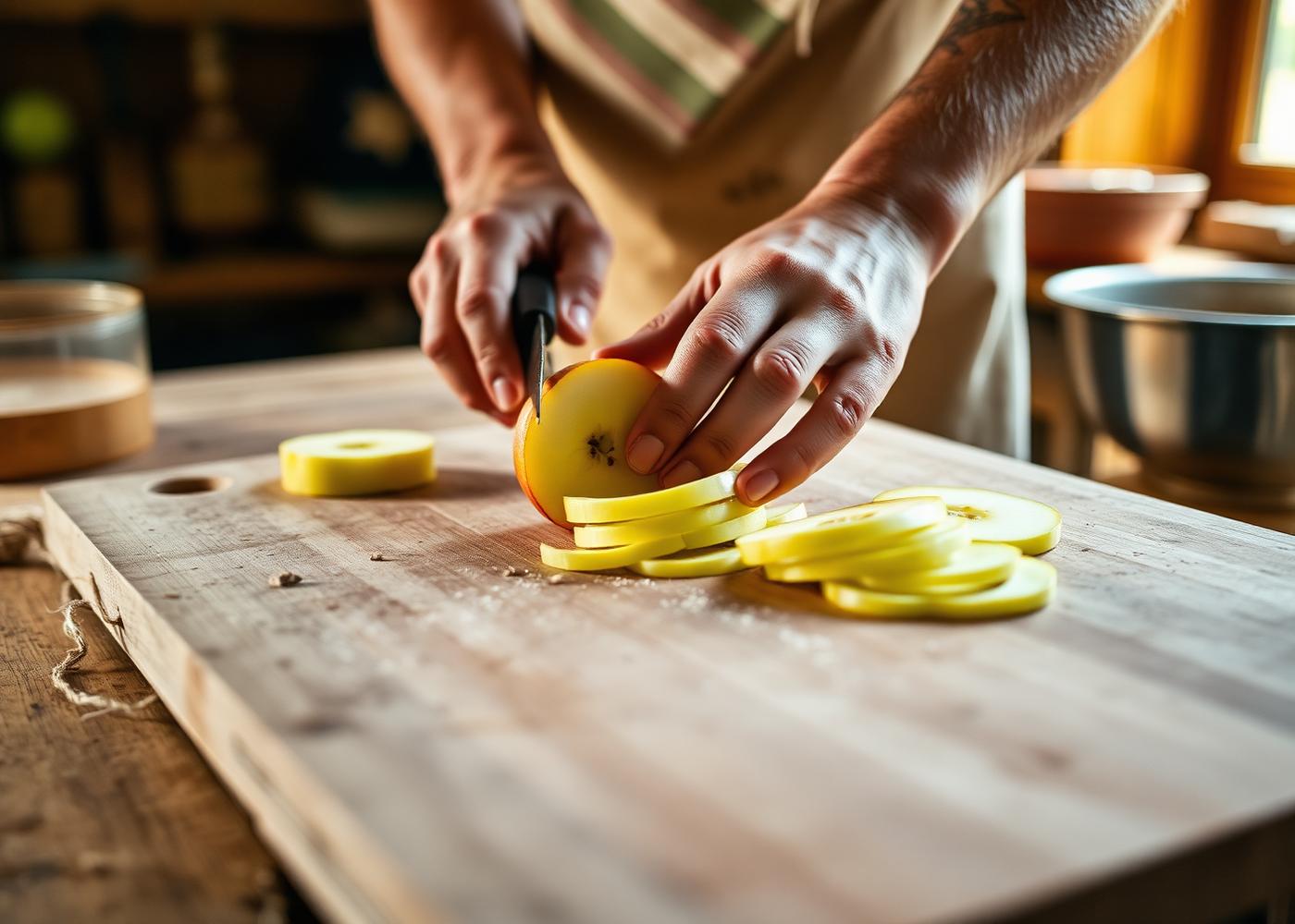 Hände schneiden frische Äpfel aus Deutschland in einer deutschen Manufaktur